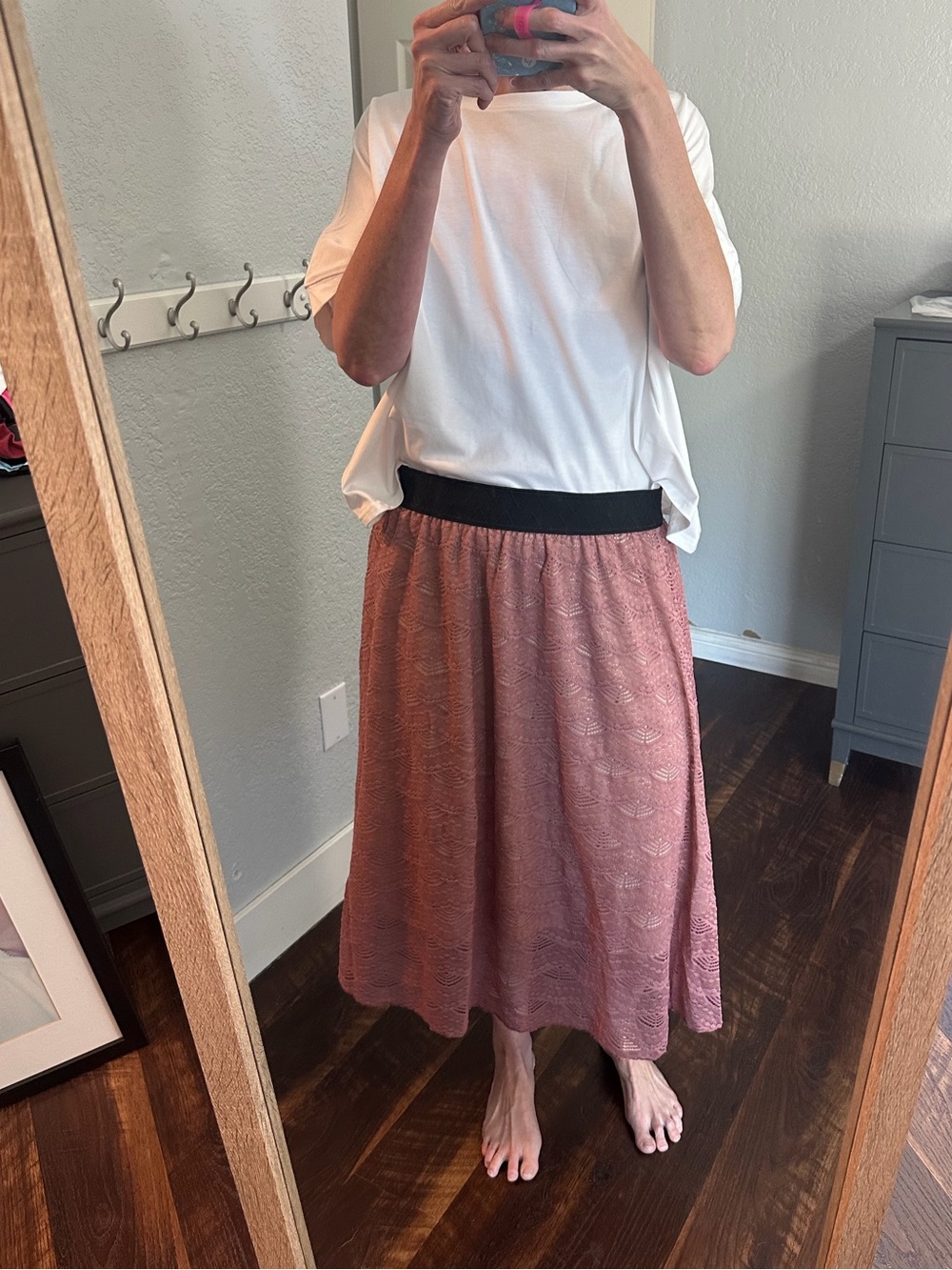 LuLaRoe Dusty Rose Textured Midi Skirt with Black Waistband